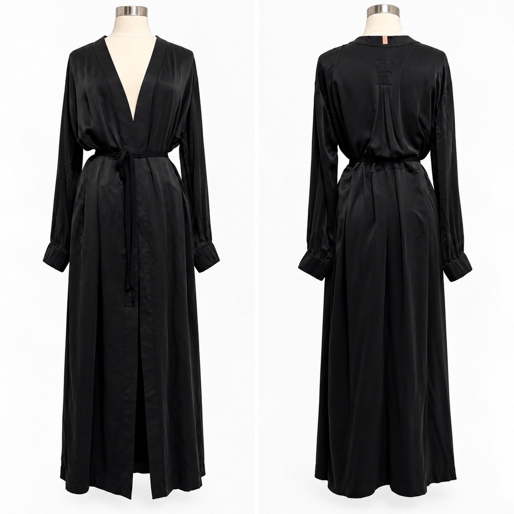 Lunya Washable Silk Long Robe Black Pockets Size L/XL Loungewear Cozy